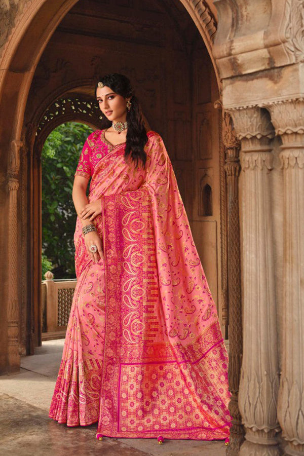 Magenta Pink Luxurious Banarsi Soft Silk Saree with Embroidered Blouse