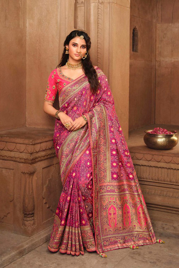 Punch Pink Luxurious Banarsi Soft Silk Saree with Embroidered Blouse