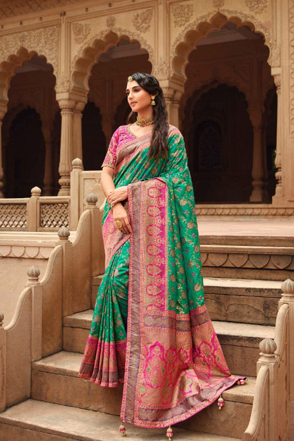 Sea Green Luxurious Banarsi Soft Silk Saree with Embroidered Blouse