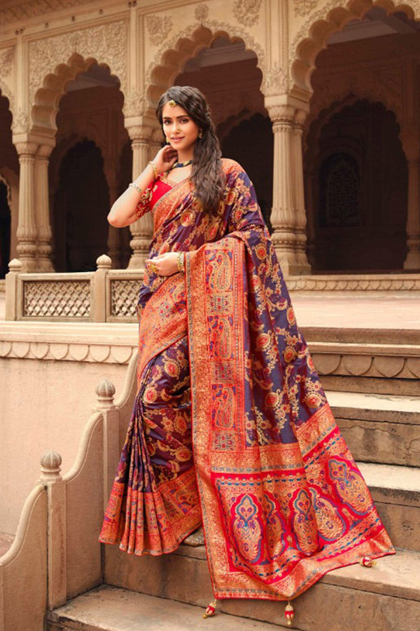 Purple & Red Luxurious Banarsi Soft Silk Saree with Embroidered Blouse