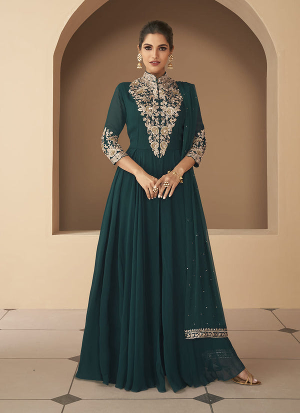 Bottle Green Exquisite Designer Front Slit Anarkali Salwar Suit