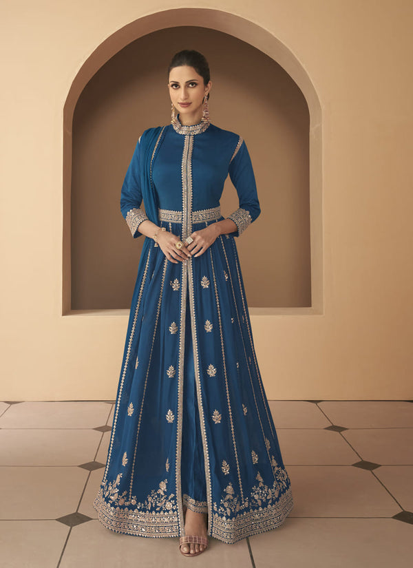 Teal Blue Exquisite Designer Front Slit Anarkali Salwar Suit