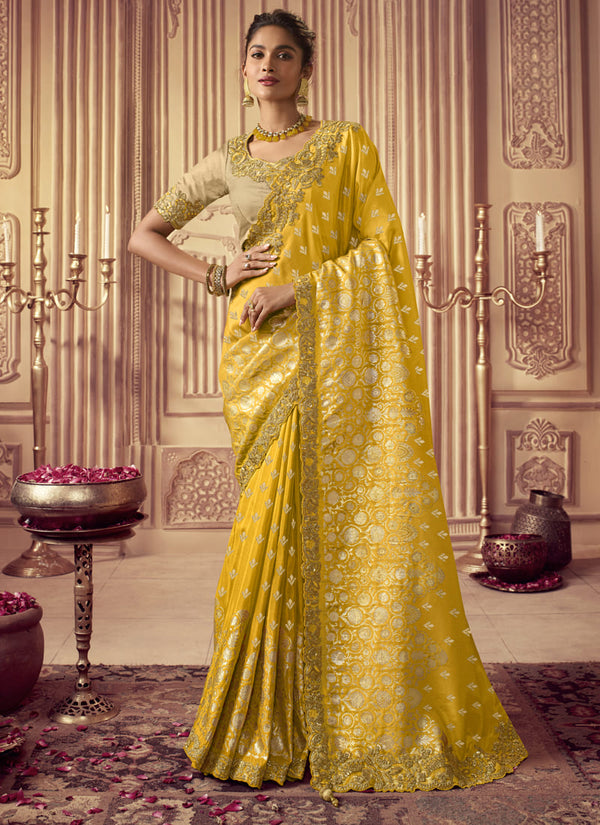 Mustard Yellow Exquisite Designer Wedding Silk Saree