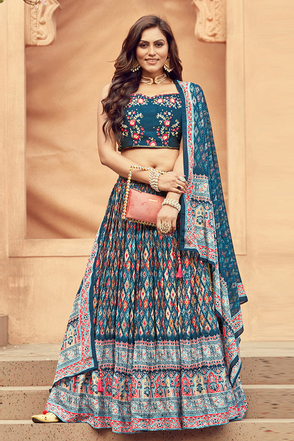 Teal Blue Printed Butti Lehenga Set with Embroidered Blouse