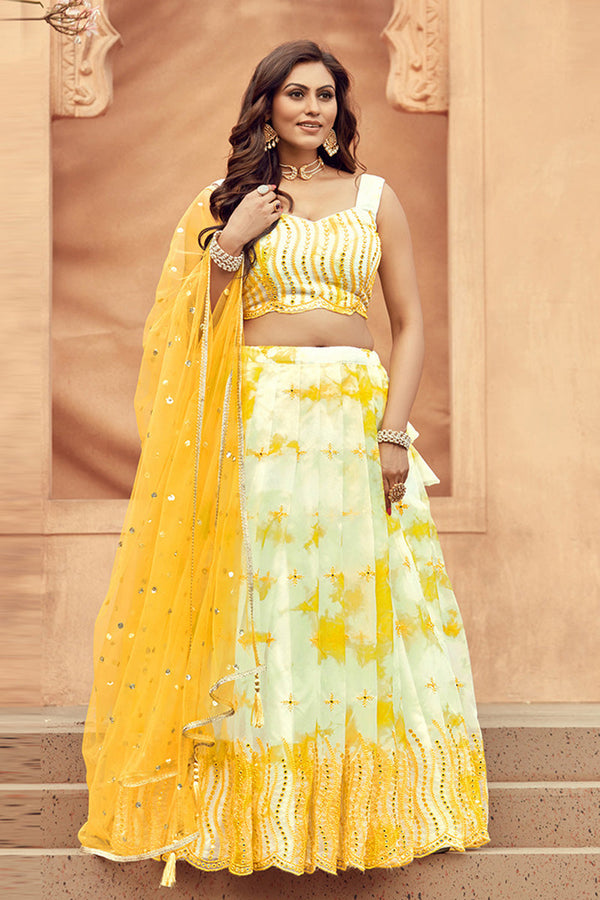 Mustard Yellow Exquisite Organza Lehenga Set with Embroidered Accents