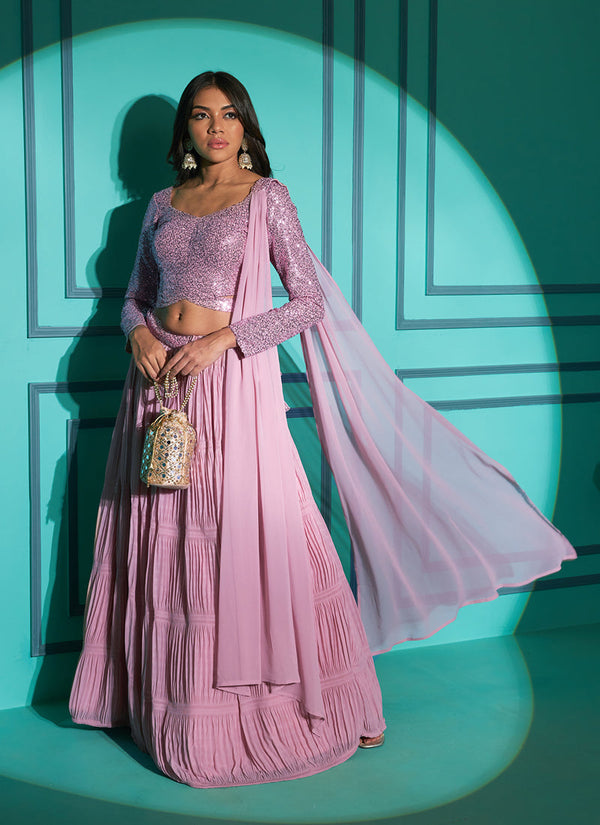 Dusty Pink Exquisite Embroidery and Splendid Style Party Wear Lehenga Choli