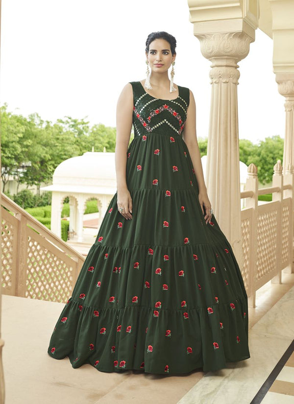 Shibori Print Georgette Olive Green Gown With Sequins Work