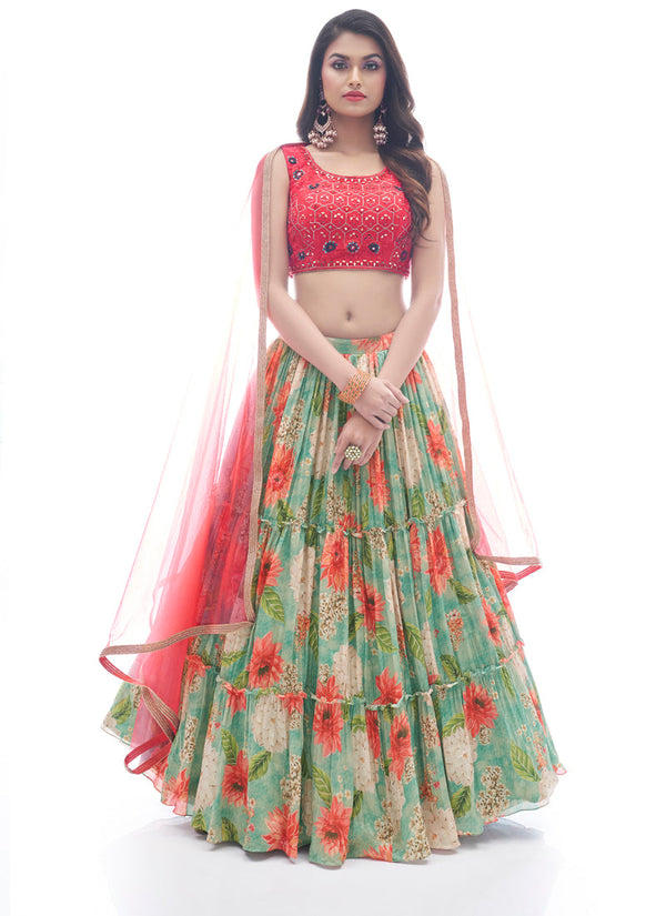 Emerald Green and Candy Red Floral Embroidered Chinnon Lehenga Choli