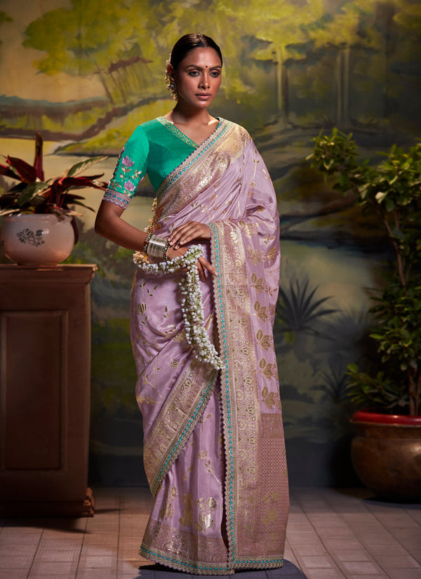 Lavender Color Designer Banarasi Silk Saree Exclusive Blouse