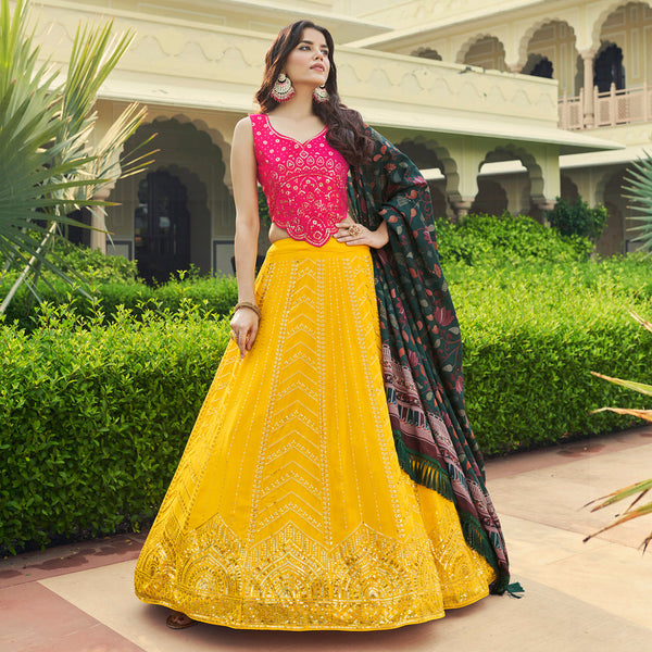 Hot Pink And Yellow Georgette Designer Sequins and Thread Embroidery Work Lehenga Choli