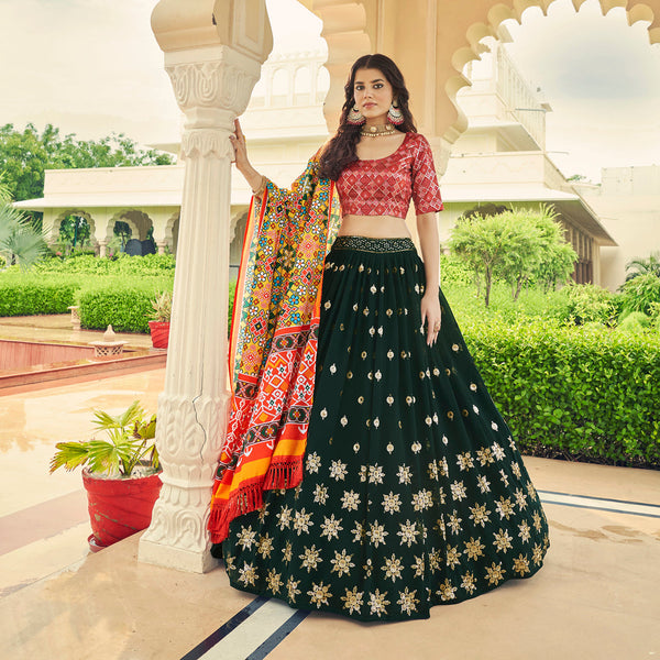 Barn Red And Dark Green Georgette Designer Sequins and Thread Embroidery Work Lehenga Choli