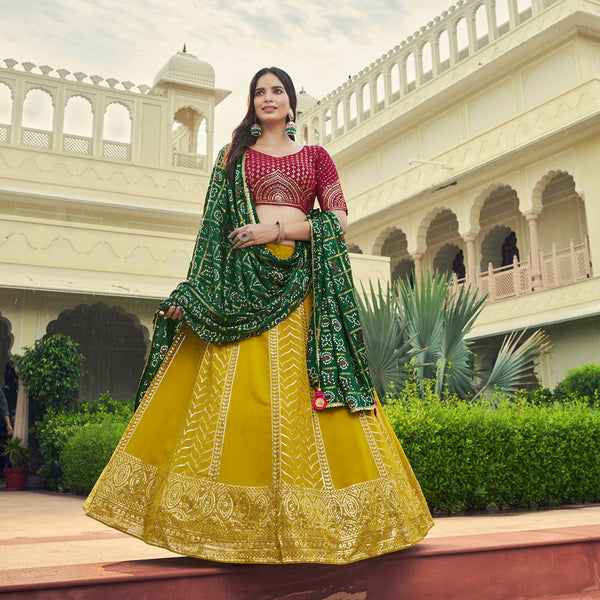Ruby Red And Mustard Yellow Georgette Designer Sequins and Thread Embroidery Work Lehenga Choli