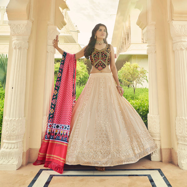 Beige and Navy Blue Georgette Designer Sequins and Thread Embroidery Work Lehenga Choli