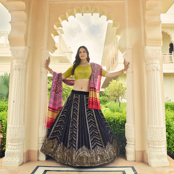 Navy Blue And Mustard Yellow Georgette Designer Sequins and Thread Embroidery Work Lehenga Choli