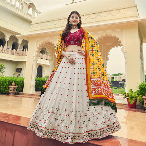 Apple Red And Cream Georgette Designer Sequins and Thread Embroidery Work Lehenga Choli