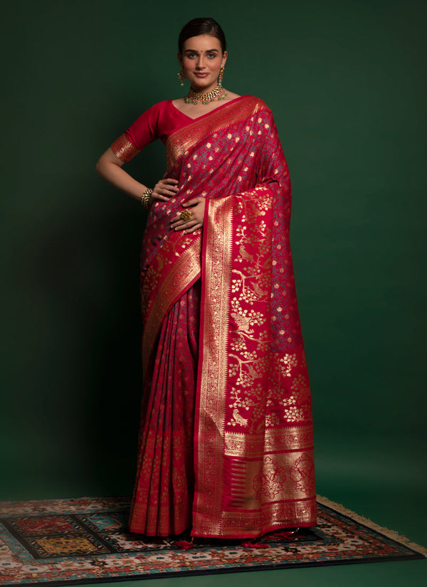 Raspberry Red Banarasi Saree With Banarasi Weaving Design Heavy Pallu
