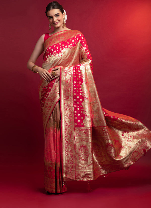 Crimson Red Banarasi Saree With Banarasi Weaving Design Heavy Pallu