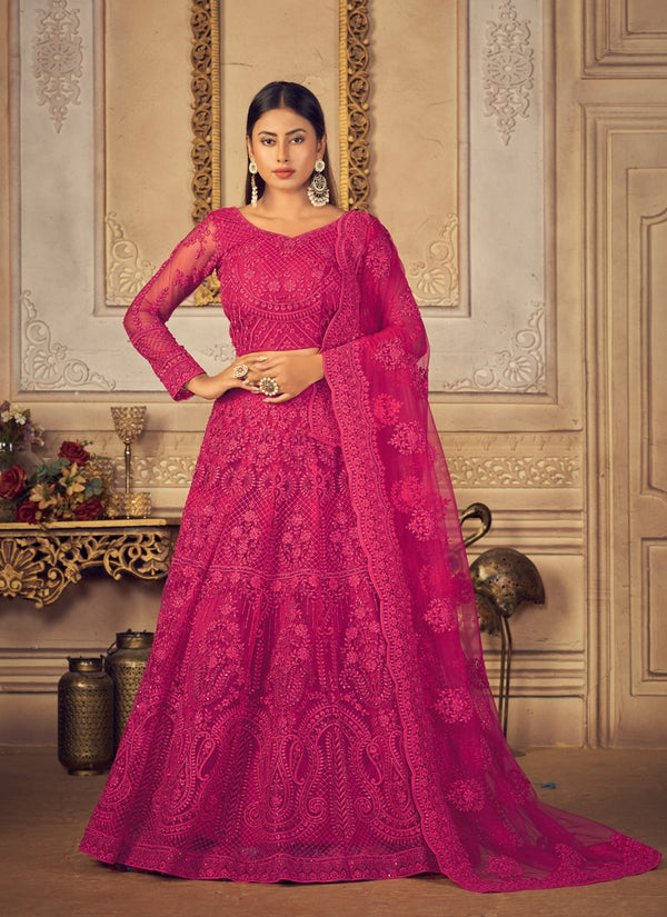 Magenta Pink Soft Net With Heavy Banglori Silk Lehenga Choli With Net Dupatta