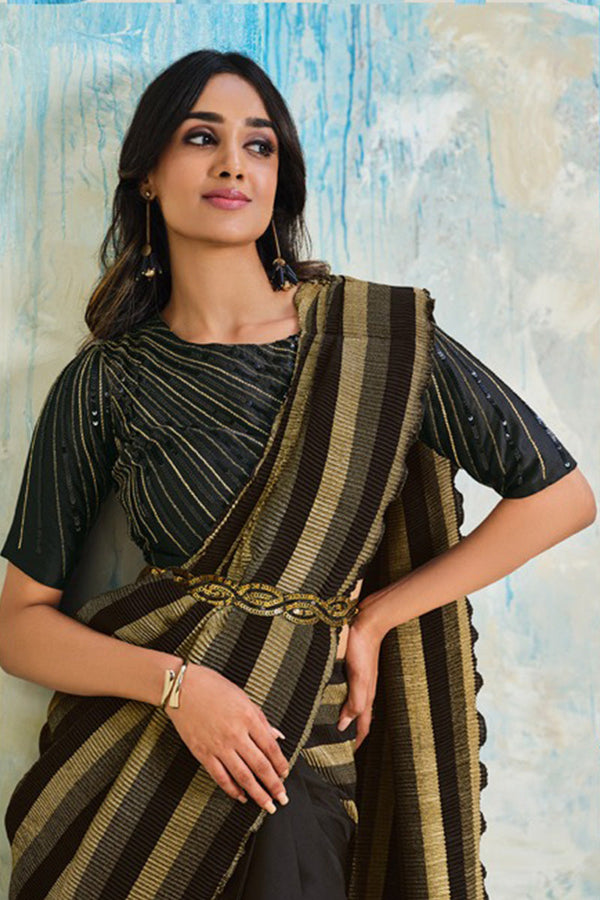 Black Color Crush Details and Foiled Stripes Draped Satin Silk Saree with Sequins Blouse