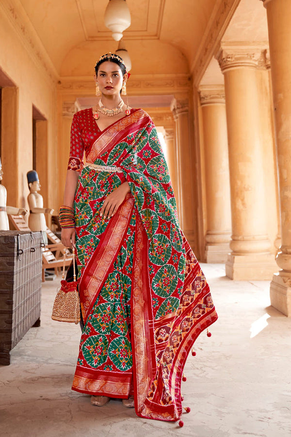 Red & Green Pure Silk Designer Patola Saree with Matching Blouse