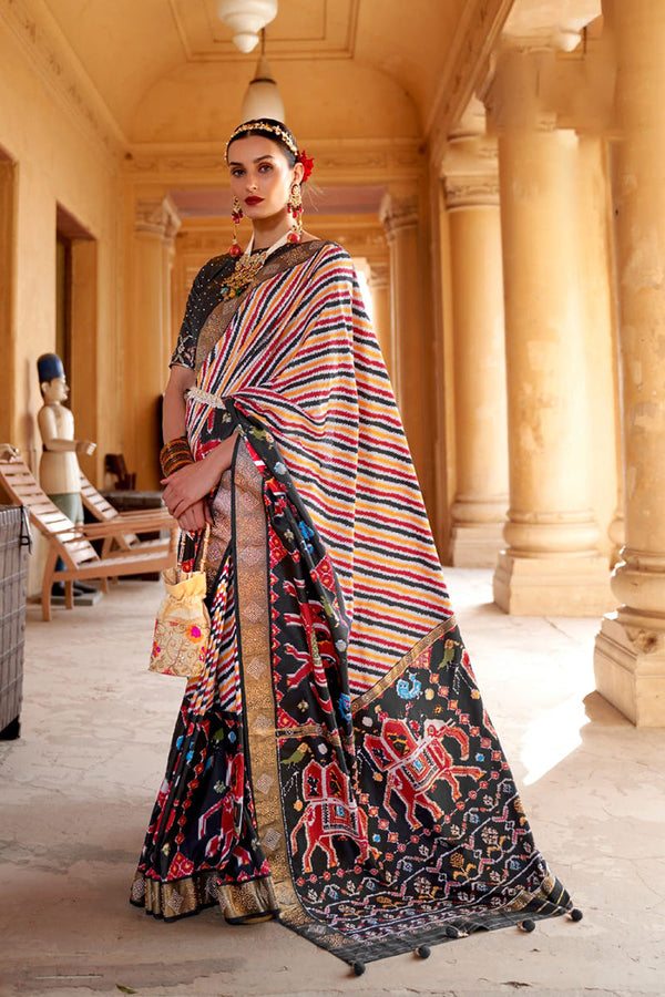 Multi Color Pure Silk Designer Patola Saree with Matching Blouse