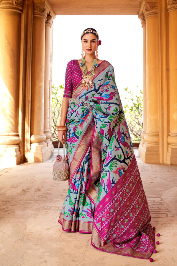 Magenta pink & Ice Blue Pure Silk Designer Patola Saree with Matching Blouse