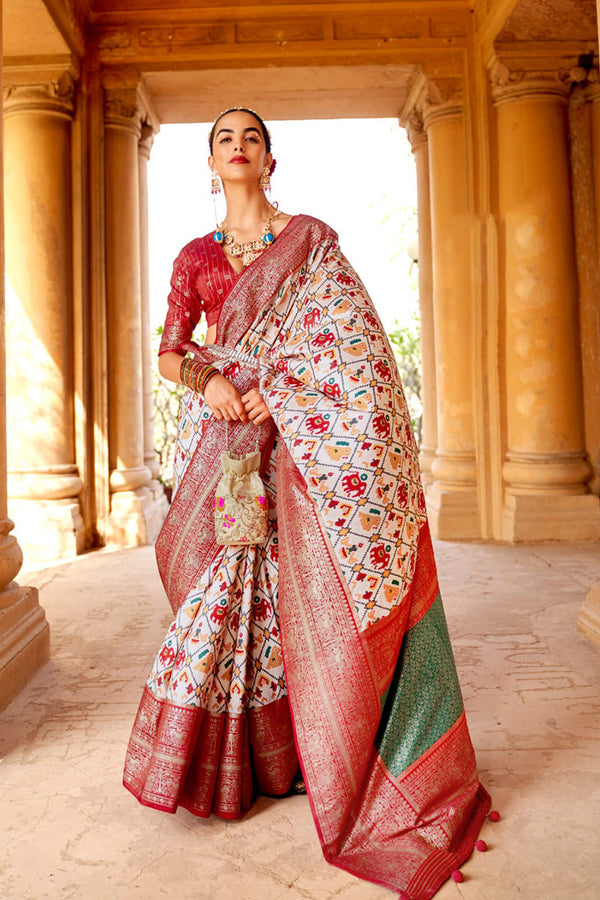 Red & White Pure Silk Designer Patola Saree with Matching Blouse