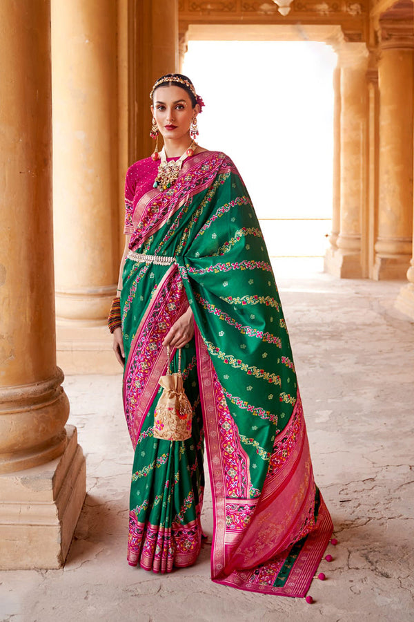 Green & Magenta Pure Silk Designer Patola Saree with Matching Blouse