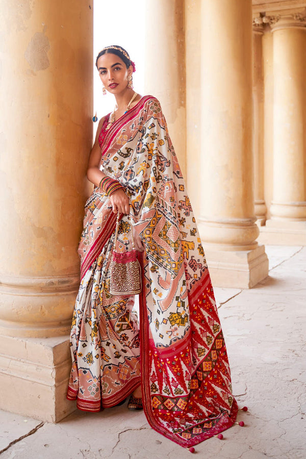 Off White Pure Silk Designer Patola Saree with Matching Blouse