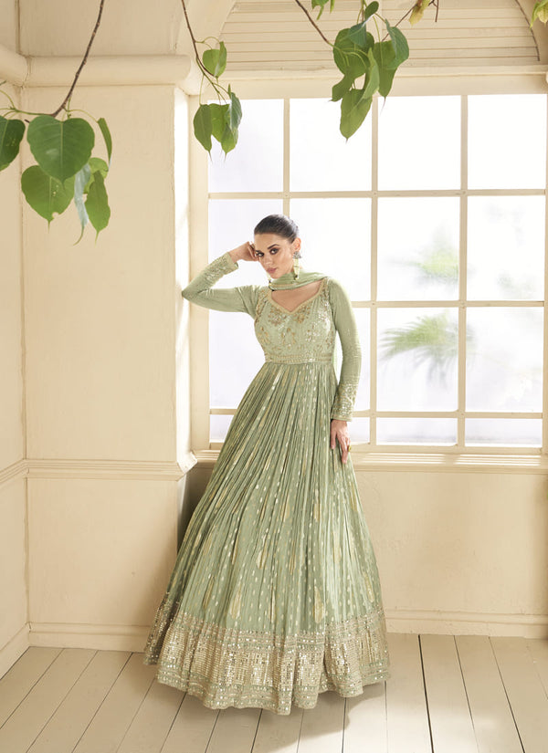 lassya fashion Pista Green Glamorous Viscose Silk Gown with Embroidery