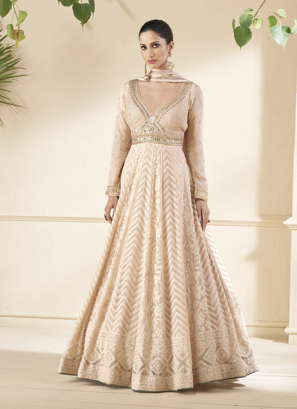 lassya fashion Peach Cream Elegant Embroidered Georgette Gown with Matching Dupatta