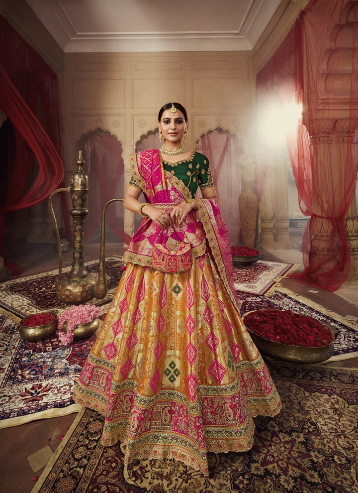 Lassya fashion's Yellow And Green Exquisite Banarasi Silk Wedding Lehenga Choli