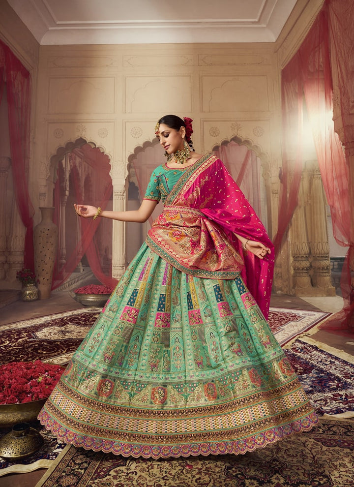Lassya fashion's Rama Green Exquisite Banarasi Silk Wedding Lehenga Choli