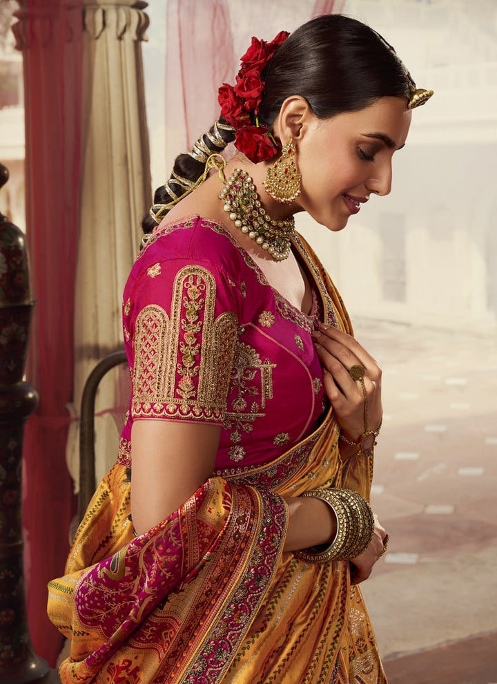 Lassya fashion's Mustard Yellow And Pink Exquisite Banarasi Silk Wedding Lehenga Choli