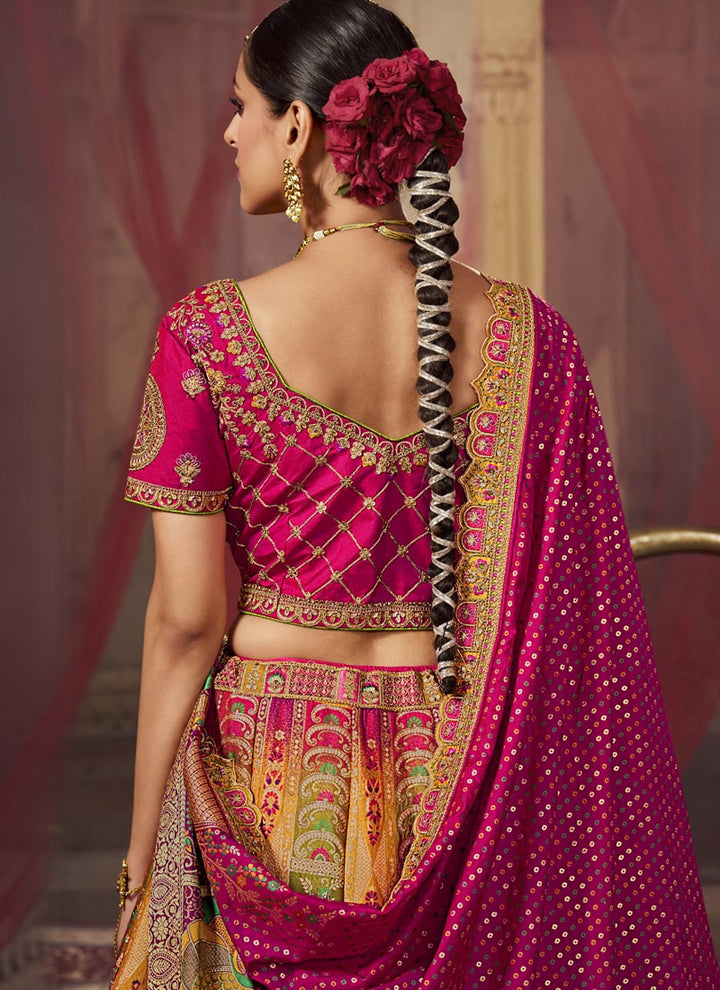 Lassya fashion's Mustard Yellow And Magenta Pink Exquisite Banarasi Silk Wedding Lehenga Choli
