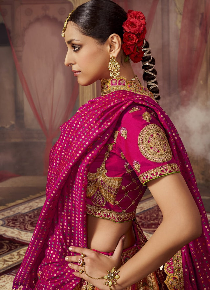 Lassya fashion's Mustard Yellow And Magenta Pink Exquisite Banarasi Silk Wedding Lehenga Choli