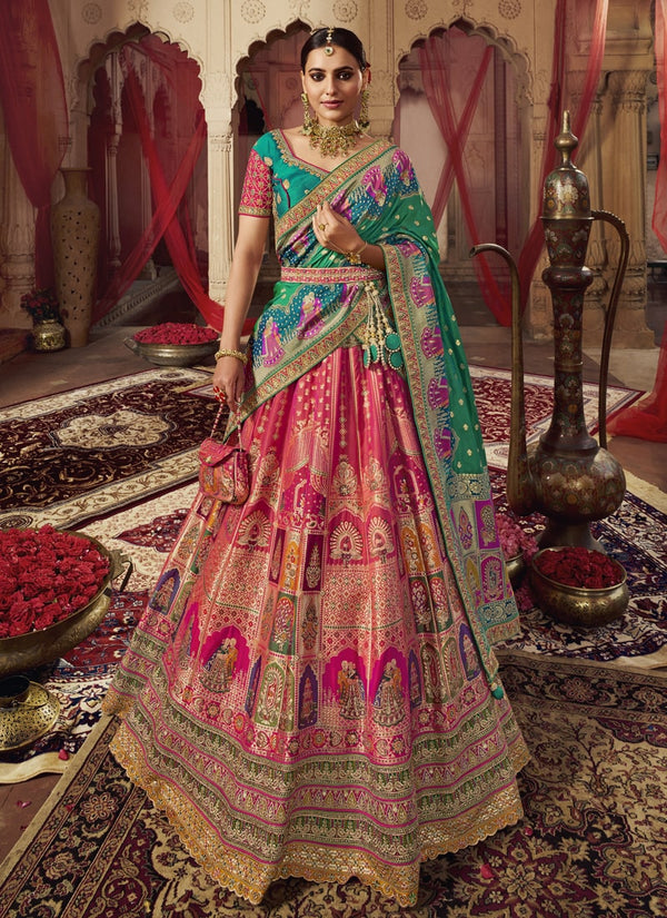 Lassya fashion's Pink And Rama Green Exquisite Banarasi Silk Wedding Lehenga Choli