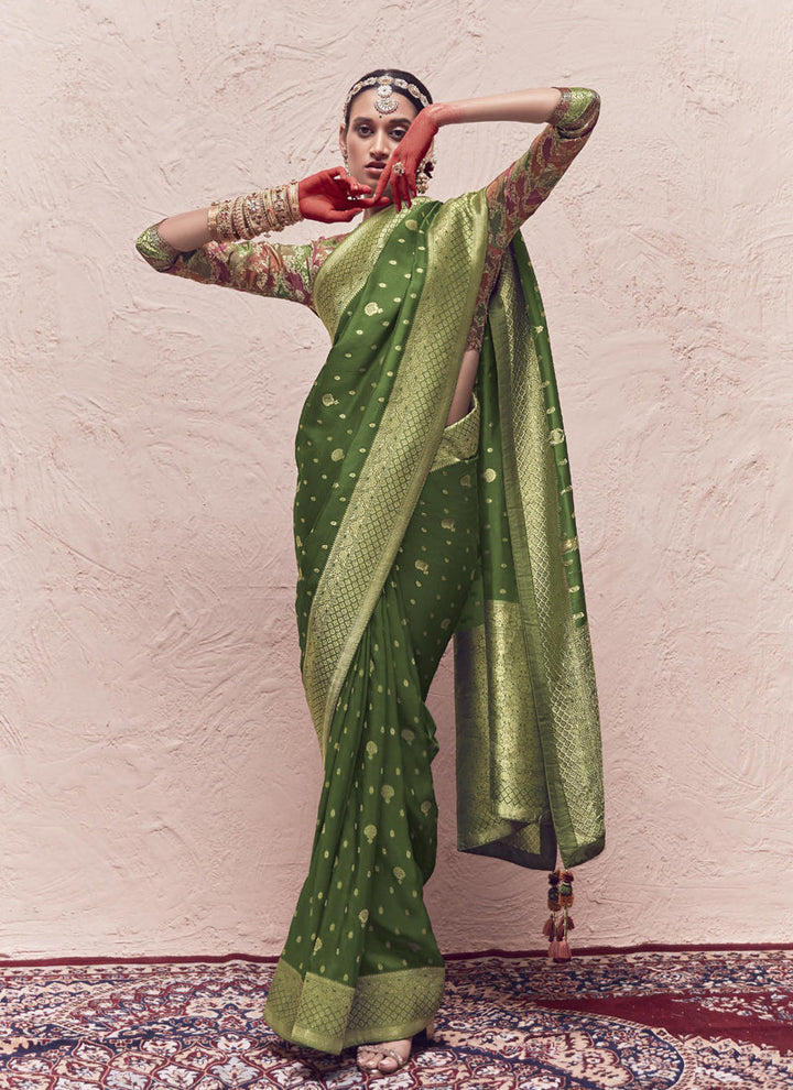 Lassya fashion's Olive Green Elegant Pure Crepe Dola Silk Saree with Heavy Weaving Work