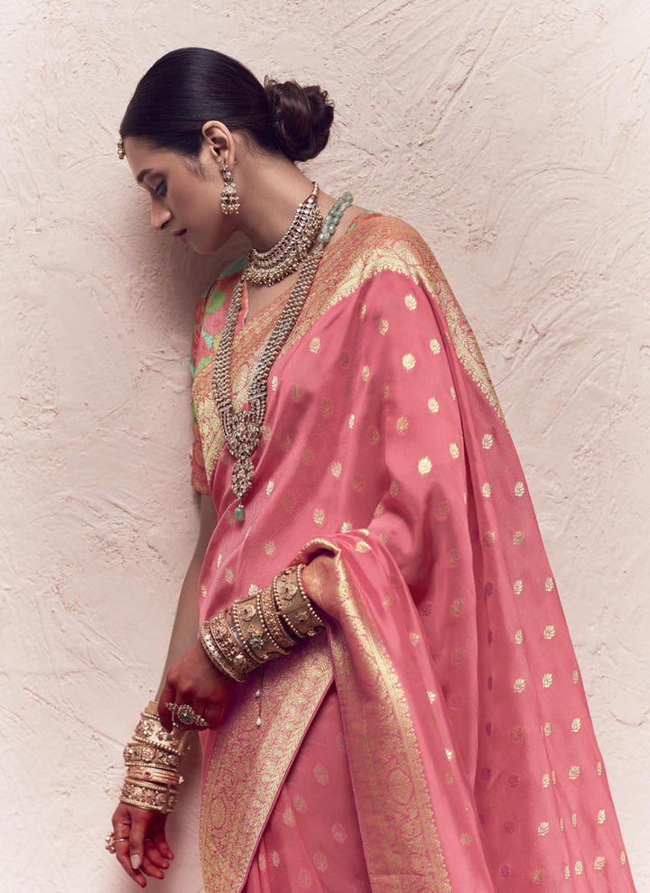 Lassya fashion's Salmon Pink Elegant Pure Crepe Dola Silk Saree with Heavy Weaving Work