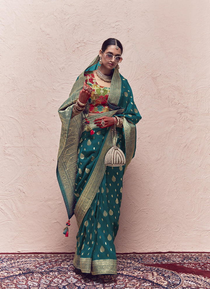 Lassya fashion's Teal Green Elegant Pure Crepe Dola Silk Saree with Heavy Weaving Work