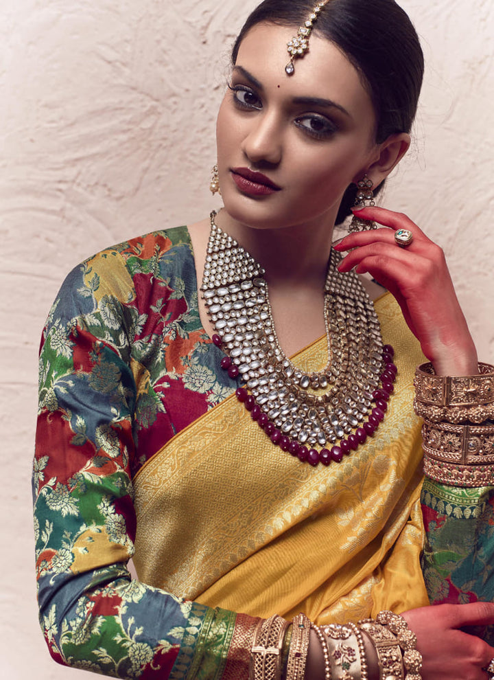 Lassya fashion's Mustard Yellow Elegant Pure Crepe Dola Silk Saree with Heavy Weaving Work
