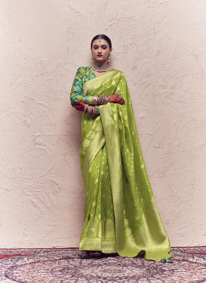 Lassya fashion's Parrot Green Elegant Pure Crepe Dola Silk Saree with Heavy Weaving Work