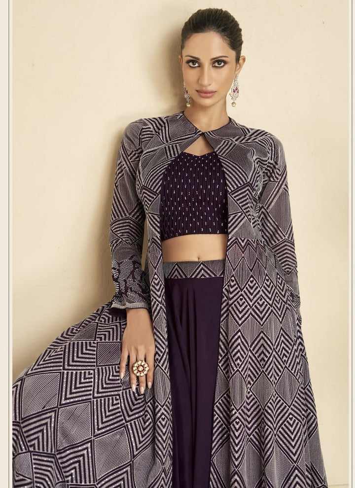 Lassya fashion's Purple Indo Western Crop Top with Skirt and Embroidered Jacket Ensemble