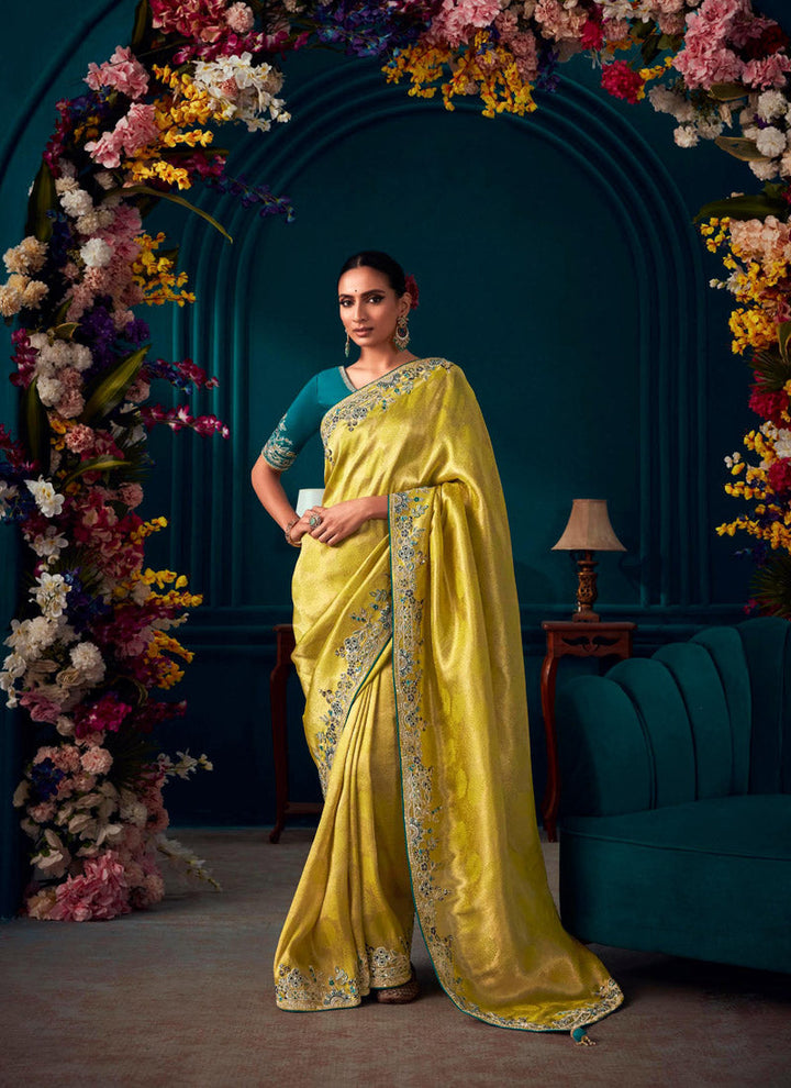 Lassya Fashion's Mustard Yellow Elegant Banarasi Kanjivaram Wedding Saree