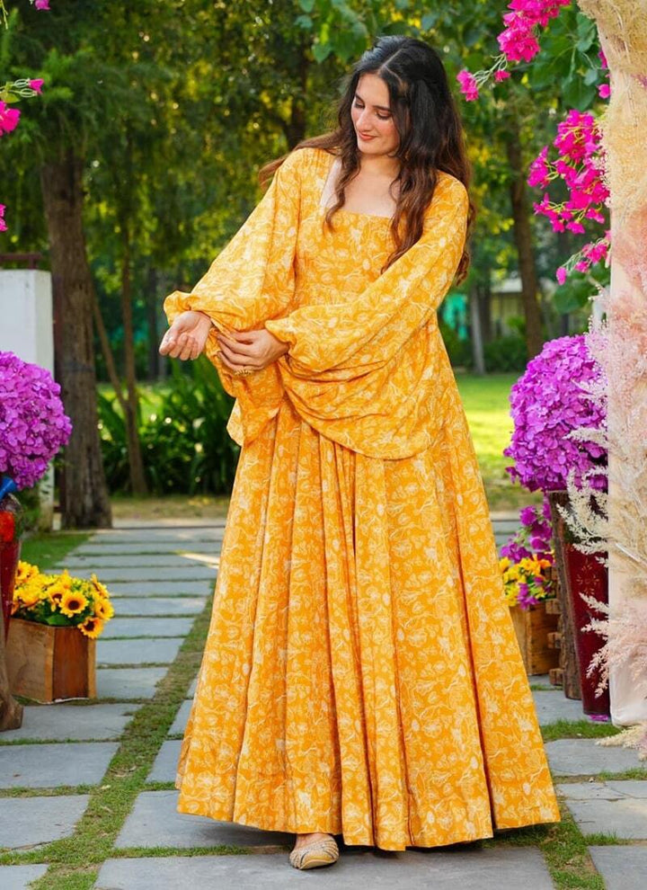 Lassya Fashion Yellow Chic Chinon Maxi Attire with Heavy Digital Print and Anarkali Flare