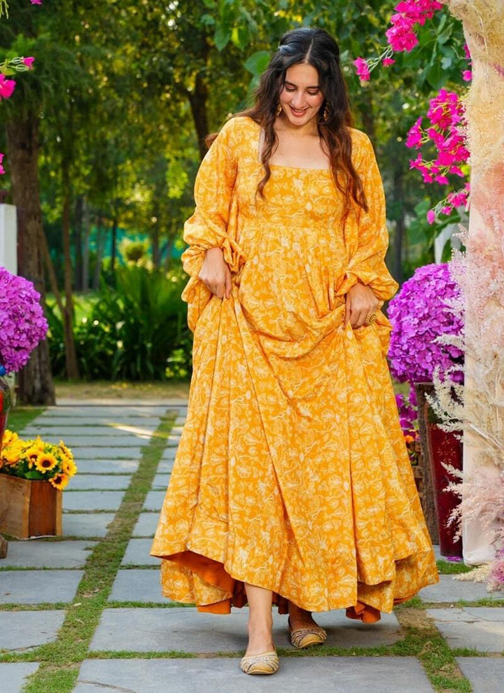 Lassya Fashion Yellow Chic Chinon Maxi Attire with Heavy Digital Print and Anarkali Flare