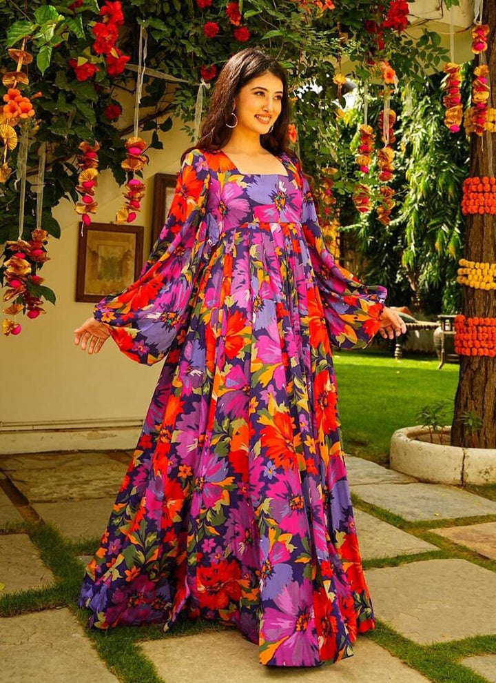 Lassya Fashion Multicolor Chic Chinon Maxi Attire with Heavy Digital Print and Anarkali Flare