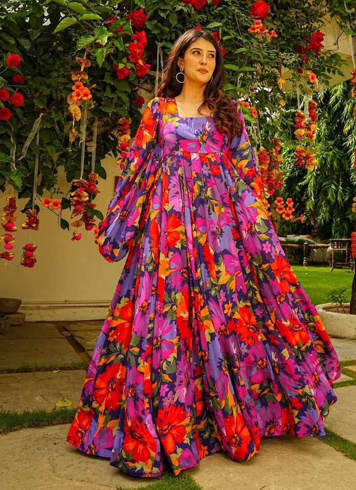 Lassya Fashion Multicolor Chic Chinon Maxi Attire with Heavy Digital Print and Anarkali Flare