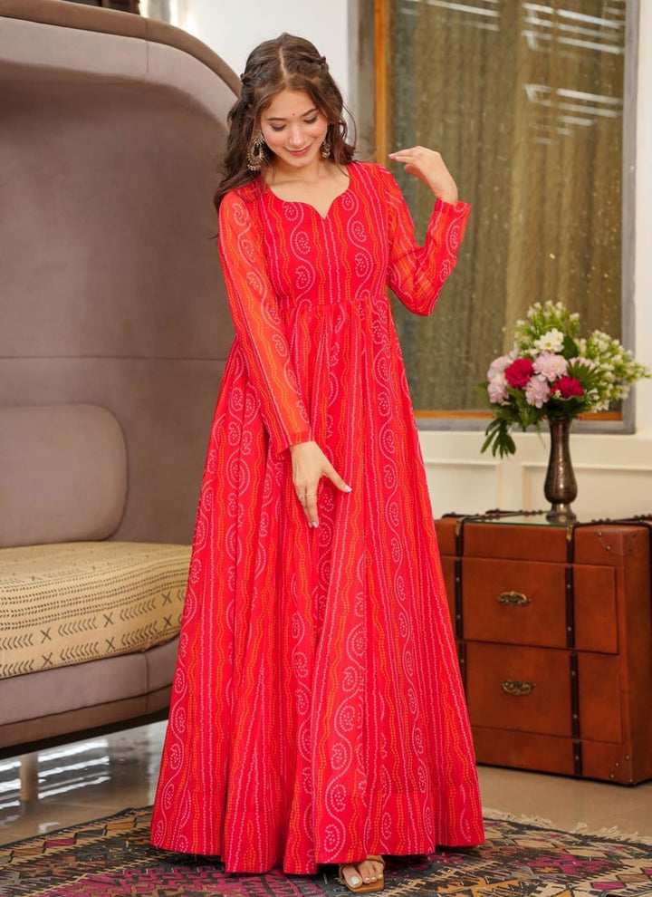 Lassya Fashion Red Chic Chinon Maxi Attire with Heavy Digital Print and Anarkali Flare