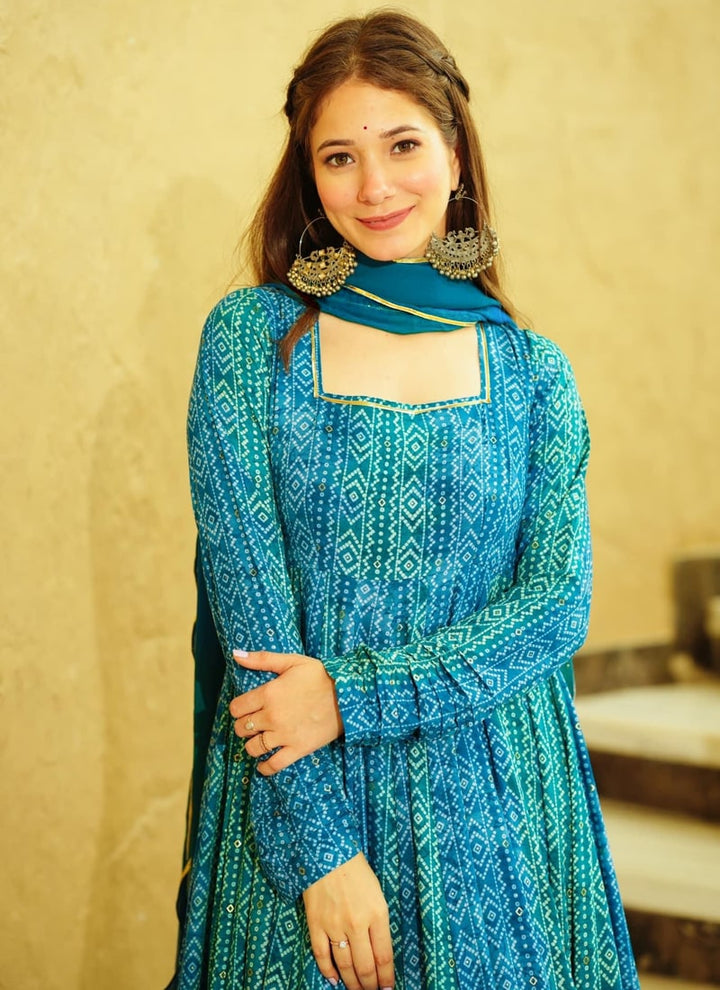 Lassya Fashion Blue Chic Chinon Maxi Attire with Heavy Digital Print and Anarkali Flare